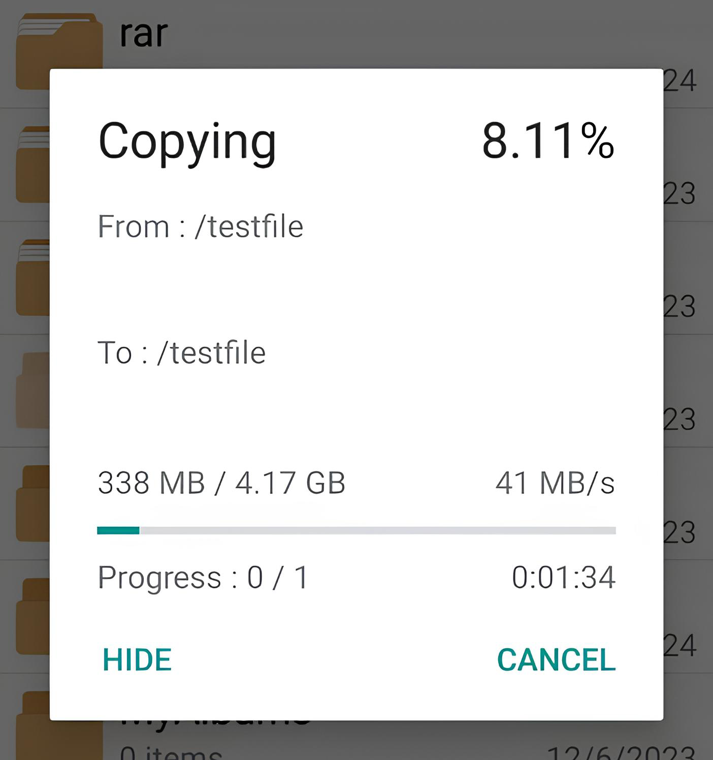 Transfer window, showing the test file moving from the portable drive to the Android phone.