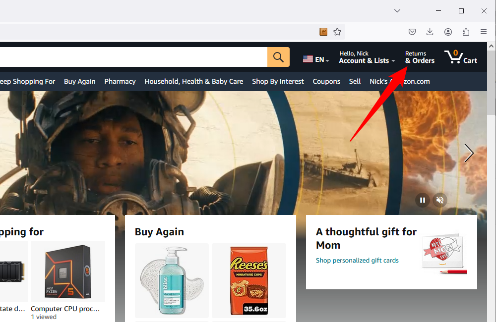 Click 'Returns and Orders' towards the top-right corner. 