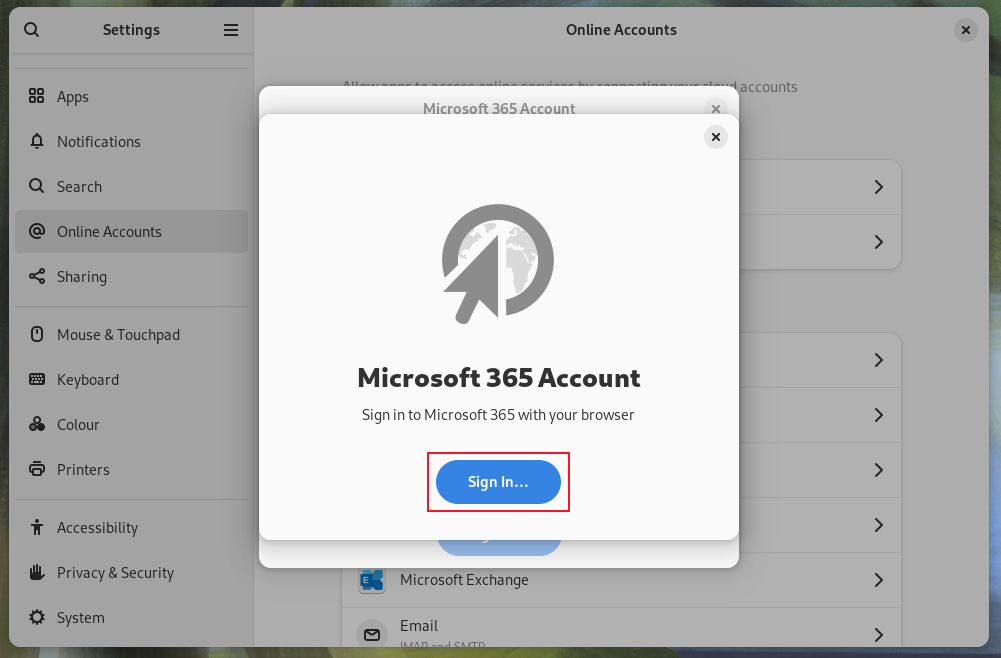The second Microsft 365 Account dialog. Click the blue Sign In button
