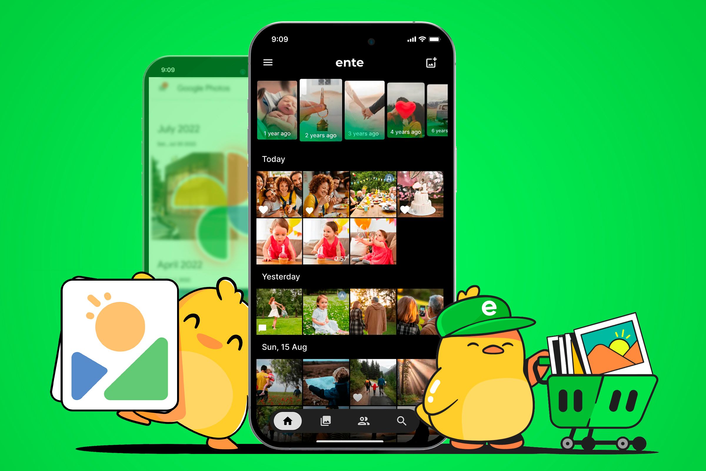 Ente app on the smartphone screen with its mascot beside it, and a blurred smartphone with Google Photos in the background