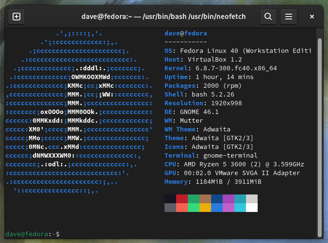 The output from neofetch in a terminal on a Fedora 40 Linux computer