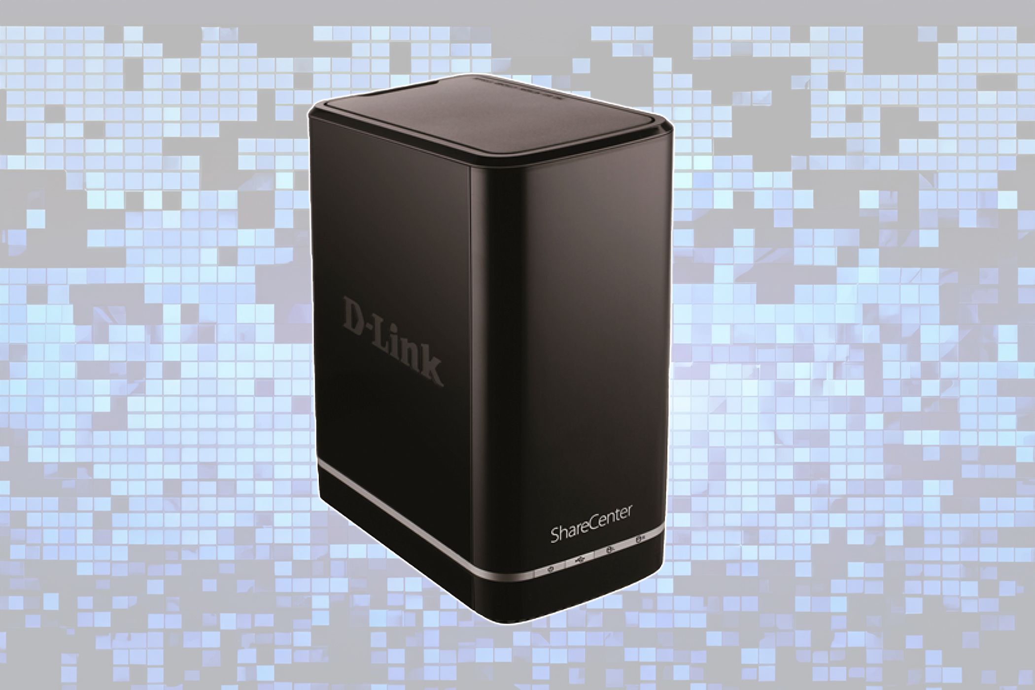 The D-Link DNS-320L NAS on a pixelated background.