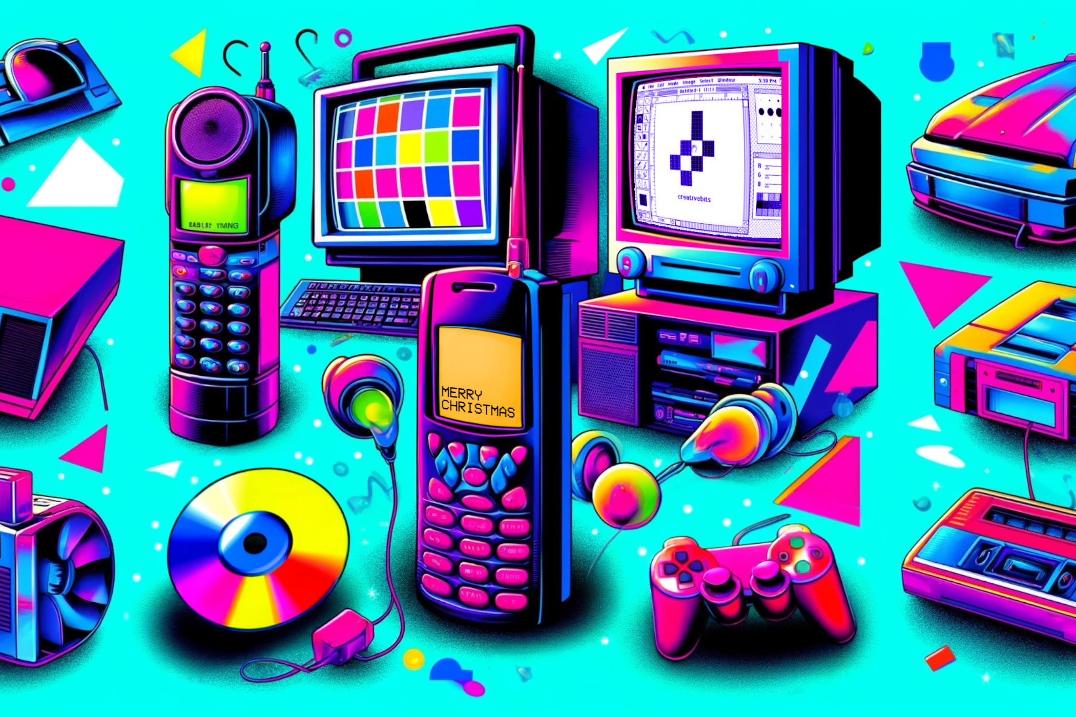1990s gadgets in vibrant colors.