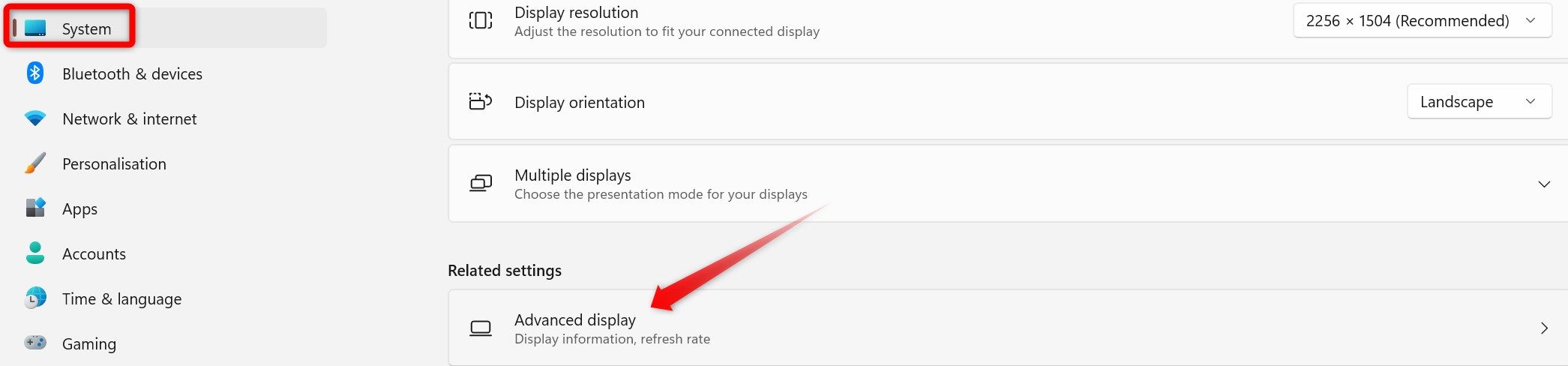 Opening the advanced display settings in the Windows settings app.