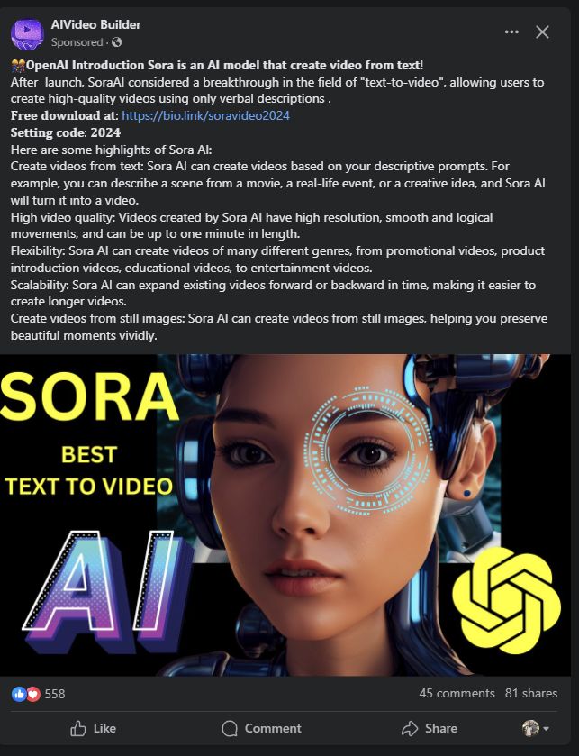 A fake Facebook page promoting Sora video AI from OpenAI yet to be released 