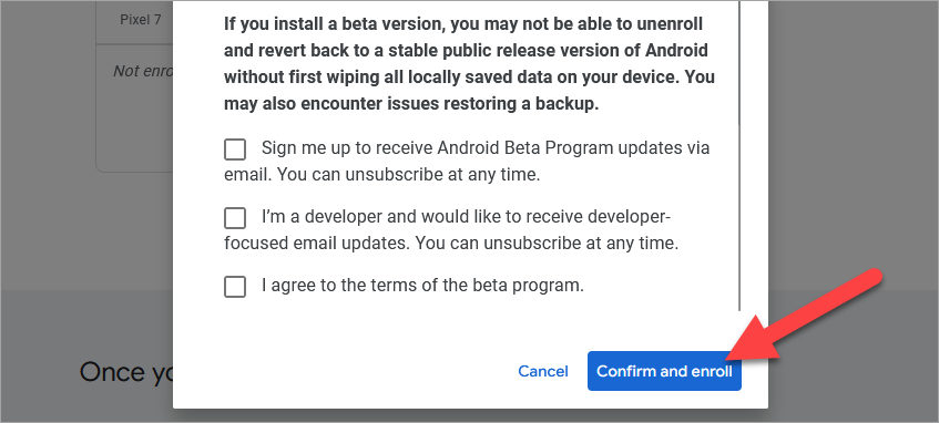 Confirm and enroll in Android 15 beta.