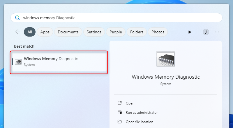 Windows 11 Start menu with the Windows Memory Diagnostic app visible.