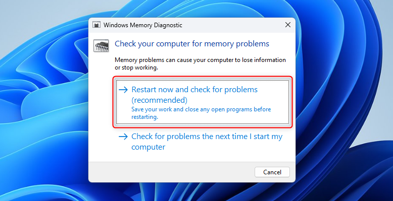 Windows Memory Diagnostic app interface in Windows 11.