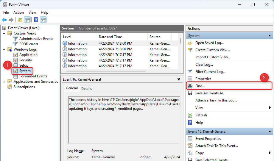پنجره Event Viewer ویندوز 11 با گزینه های System و Find در کادرهای قرمز برجسته شده است.