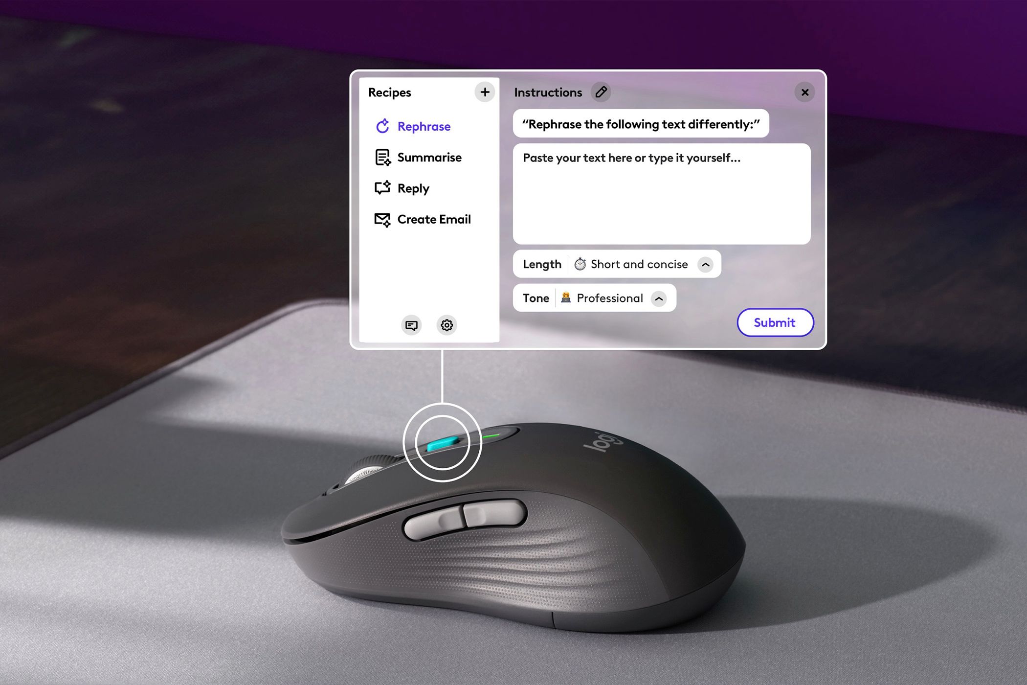 The Logitech Signature AI Edition Mouse on a desk with a floating AI prompt.