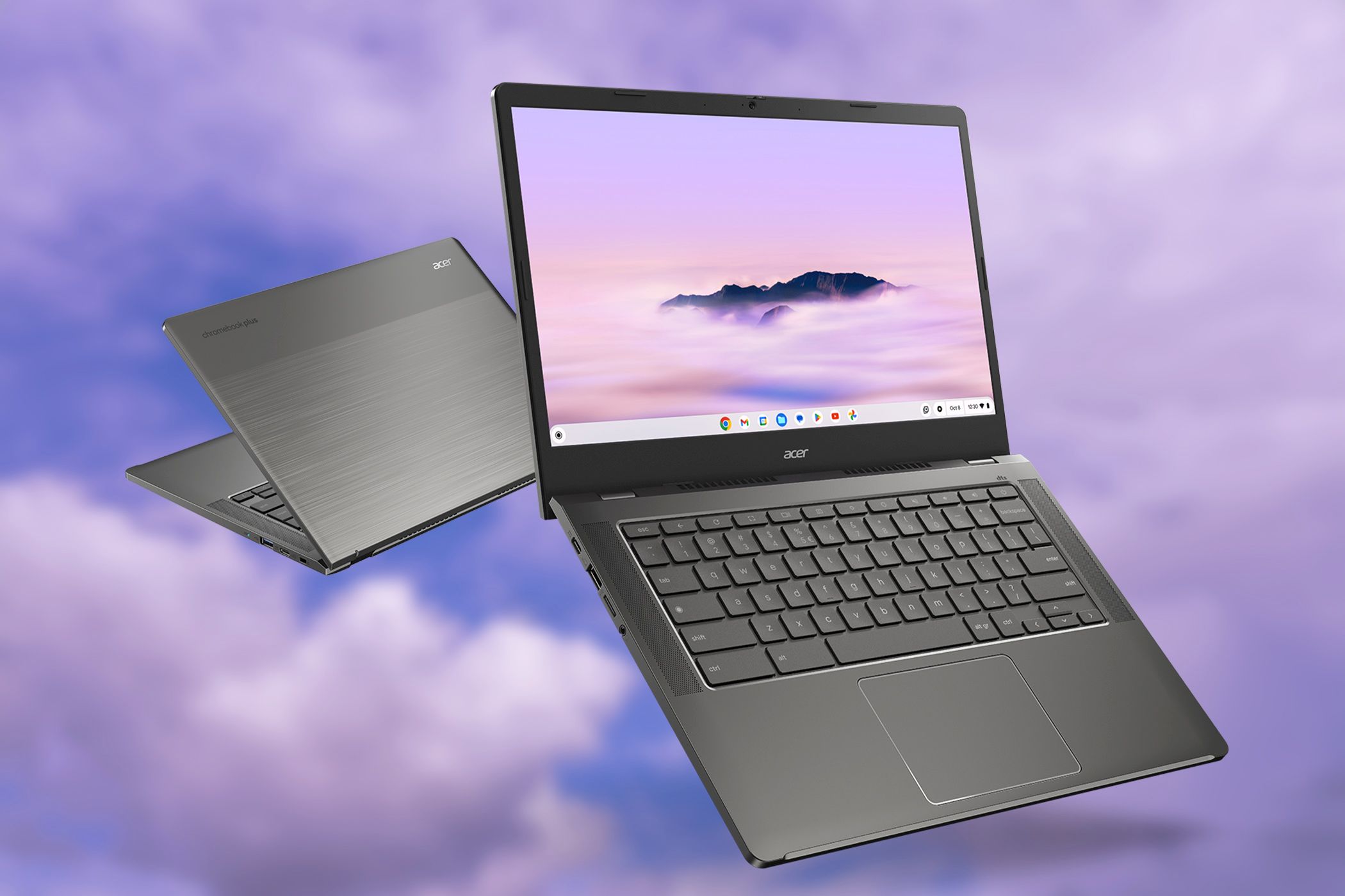 The Acer Chromebook Plus 514 (CB514-4H/T) over a cloudy purple background.