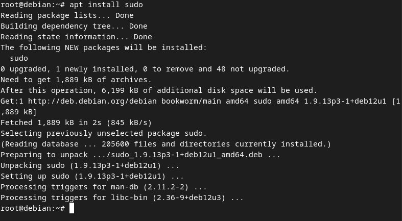 The Linux terminal showing the process of installing the sudo command as a root use