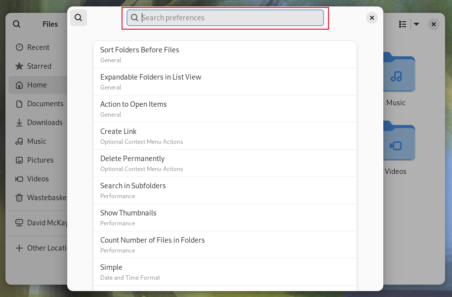 The Fedora 40 Files browser showing the search function in Preferences
