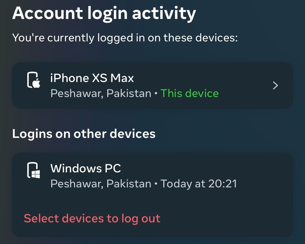 Opening the settings to log out Facebook account from suspicious devices.