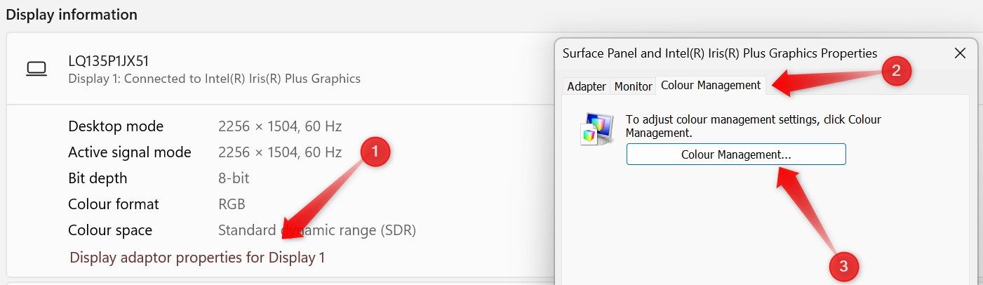 باز کردن تنظیمات مدیریت رنگ در تنظیمات نمایشگر ویندوز.