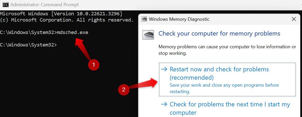 Running the memory diagnostic test from Windows Command Prompt.