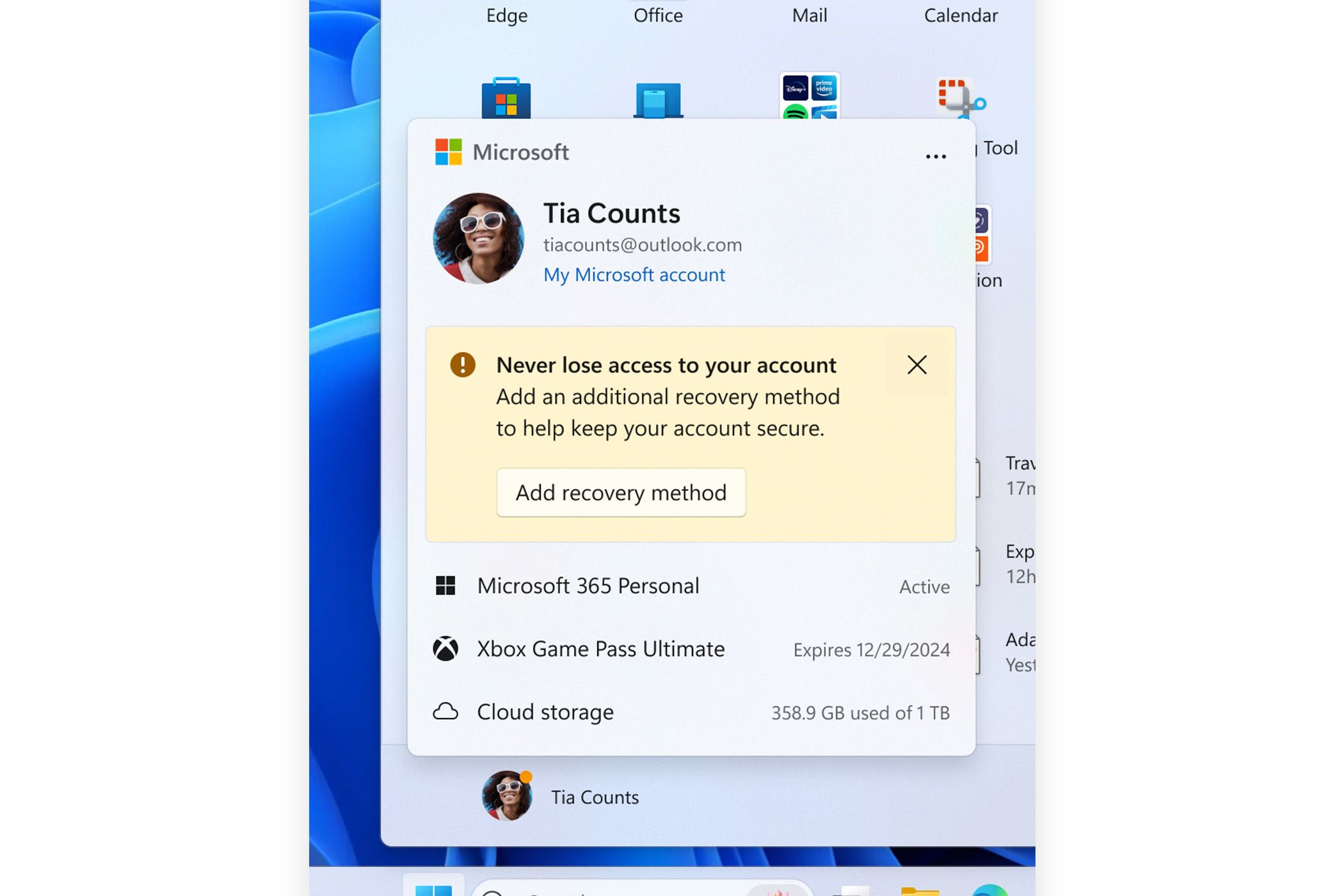 The new account management popup in the Windows 11 Start Menu.
