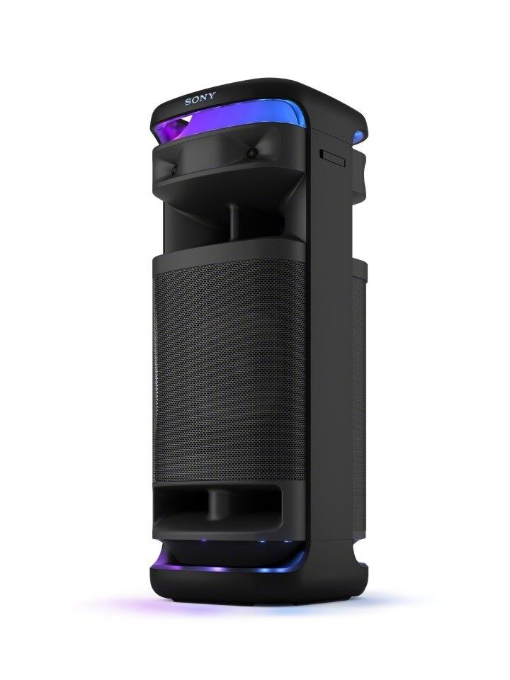 A tall black speaker with a glowing light on top.
