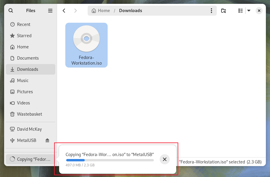 The file copying indicator in Fedora 40's Files file Browser
