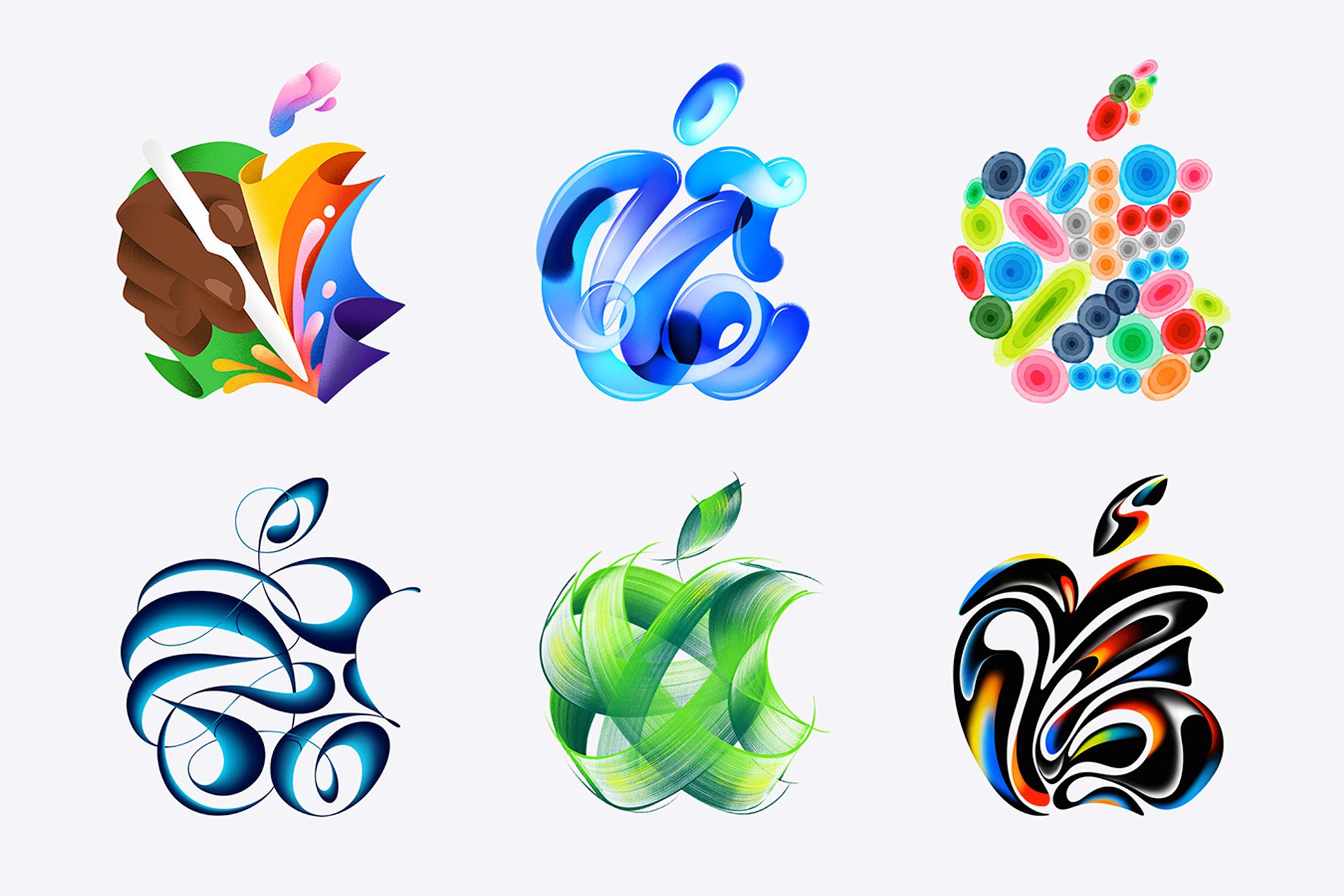 The six logos of the Apple Let Loose event. Most have no obvious connection to the iPad or were used in previous events.