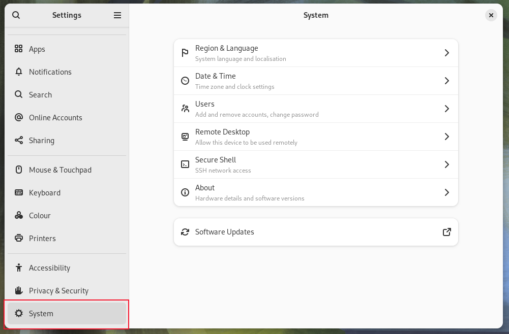 The System option and screen in the Settings application