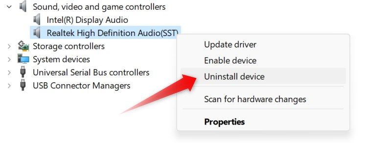 Uninstalling an audio device in device manager.