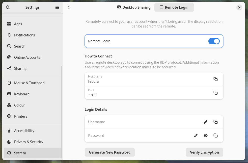 The Remote Login screen in the Settings application