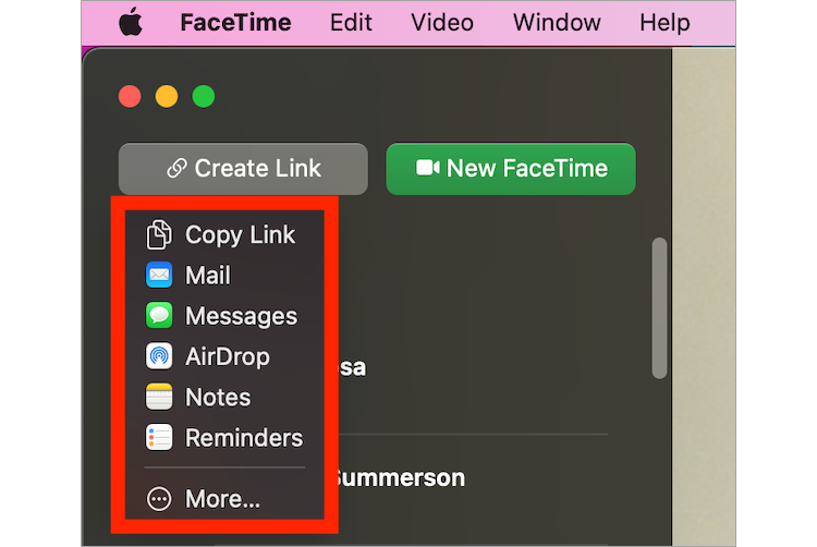 Choose how you would like to share the FaceTime link on your Mac