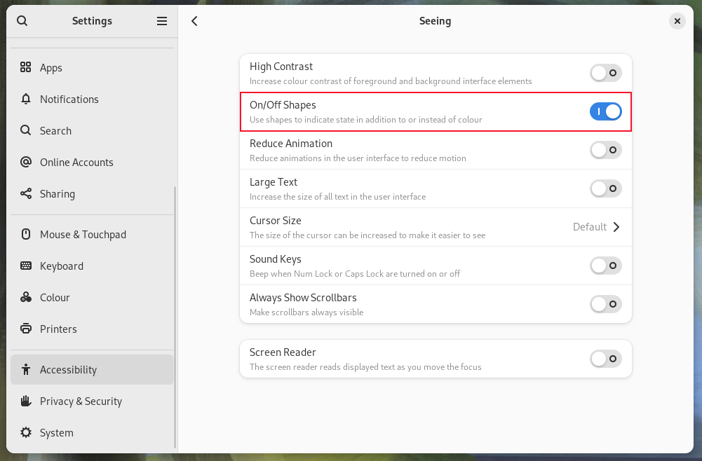 The On/Off Symbols option in the Settings application