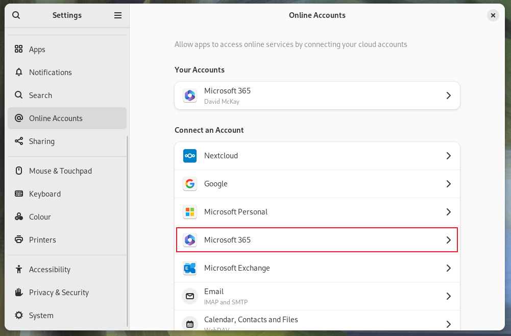 The Online Accounts screen in the Preferences application with the Microsft 365 option highlighted