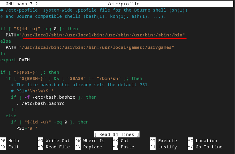 The /etc/profile file opened in the Nano text editor with its content displayed on the Linux terminal