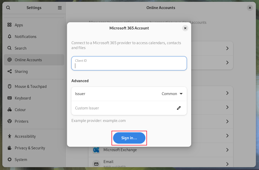 The Microsoft 365 Account dialog. Ignore all fields, and click the blue Sign In button