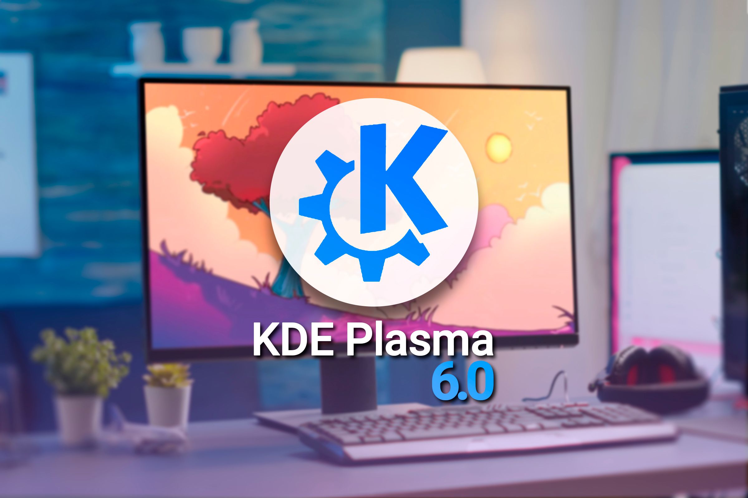A computer on a desk with the default Plasma 6.0 wallpaper with the KDE icon in front and the word KDE Plasma 6.0 above
