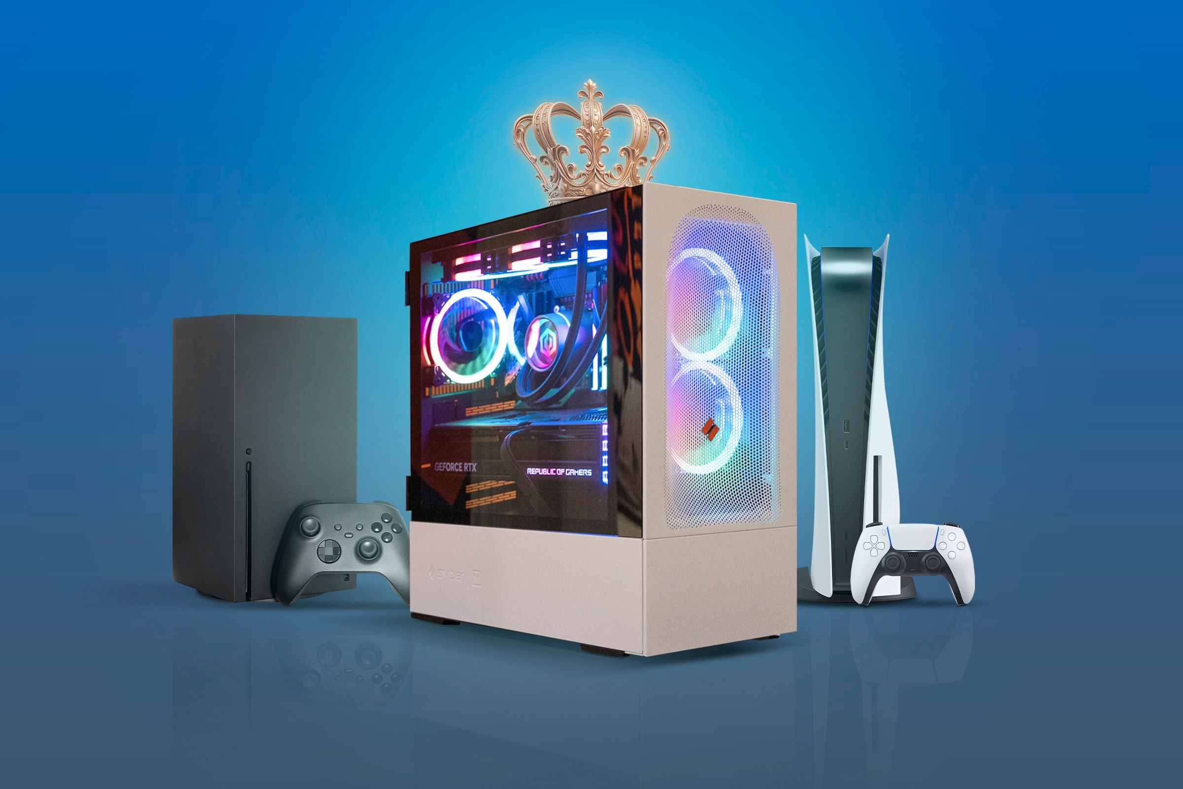 A gaming PC with a crown, representing superiority, and an Xbox Series X and a PS5 in the background.