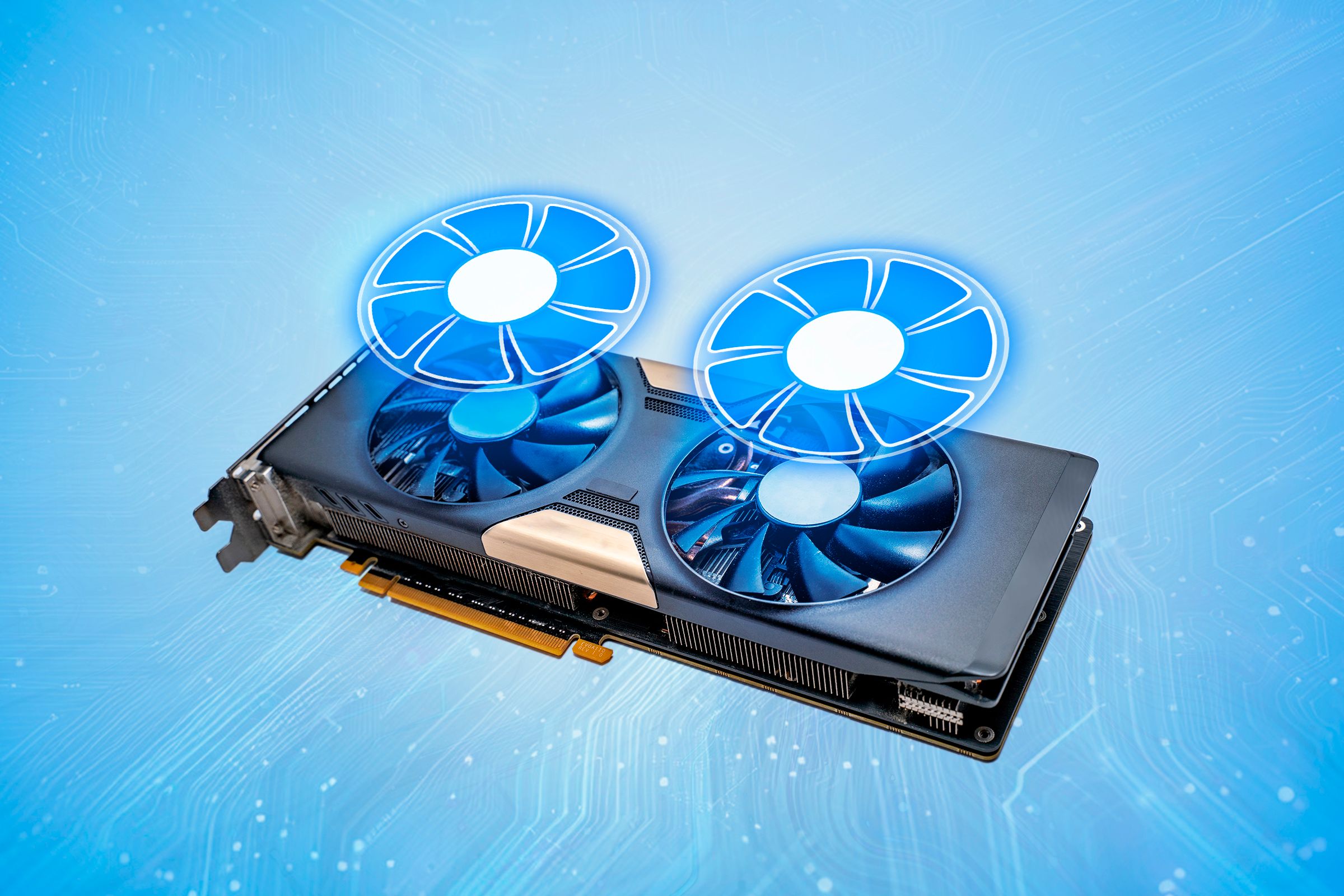 A GPU with two fans highlighted.