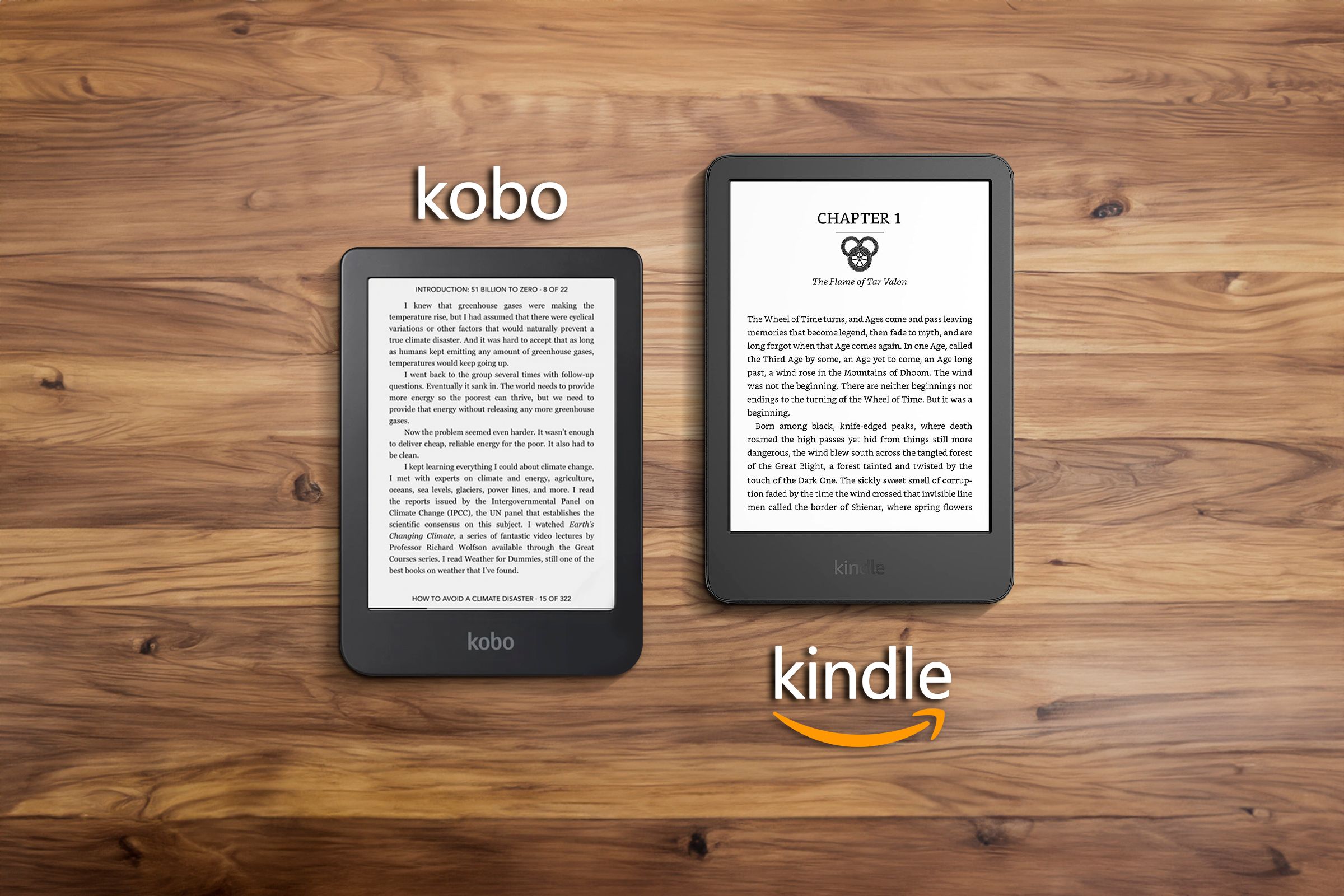 A kobo on the left side and a kindle on the right side under a wooden table.