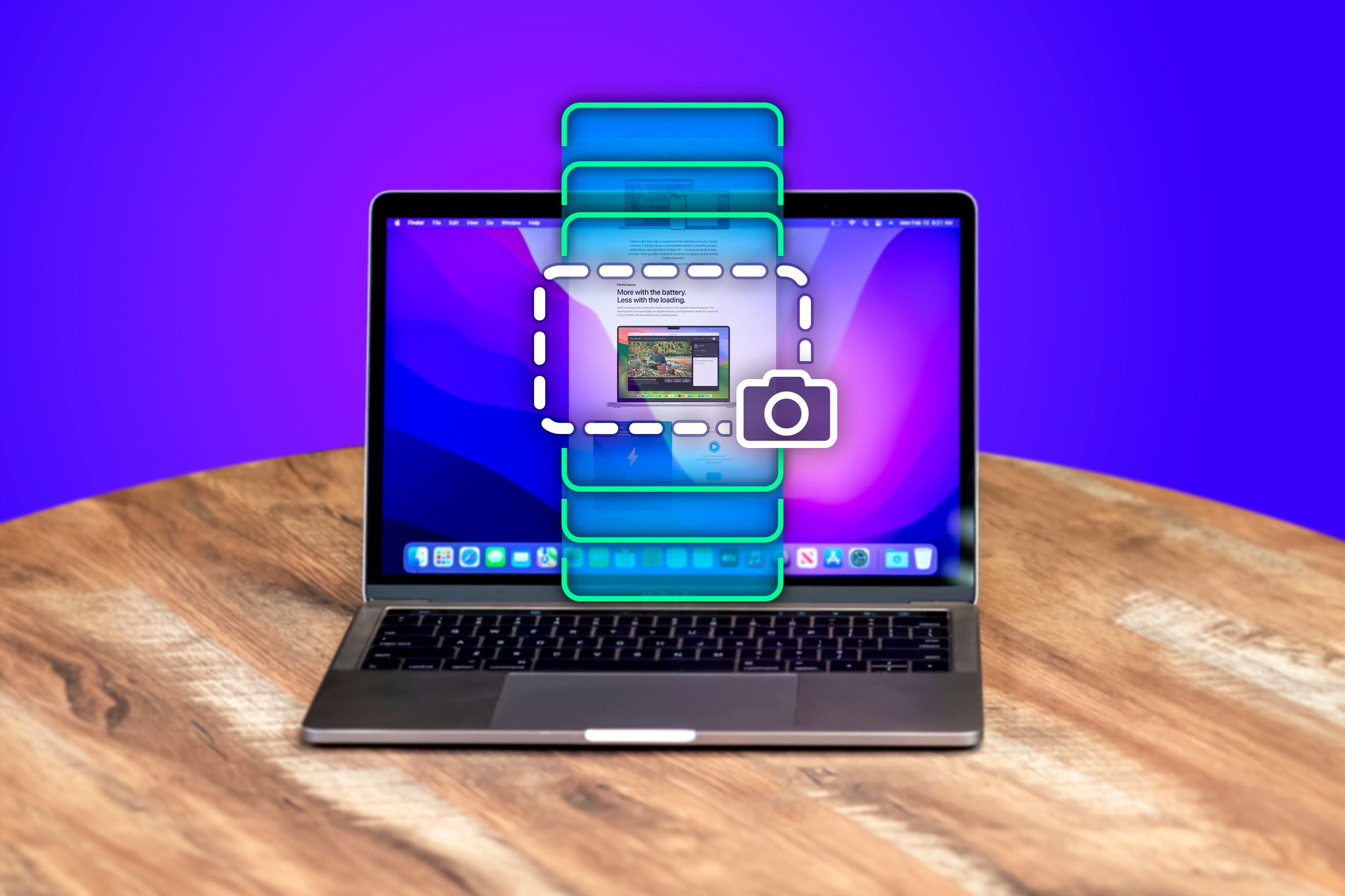 A MacBook Air under a wooden table with the MacOS home screen and an illustration representing the scrolling screenshot, in the center