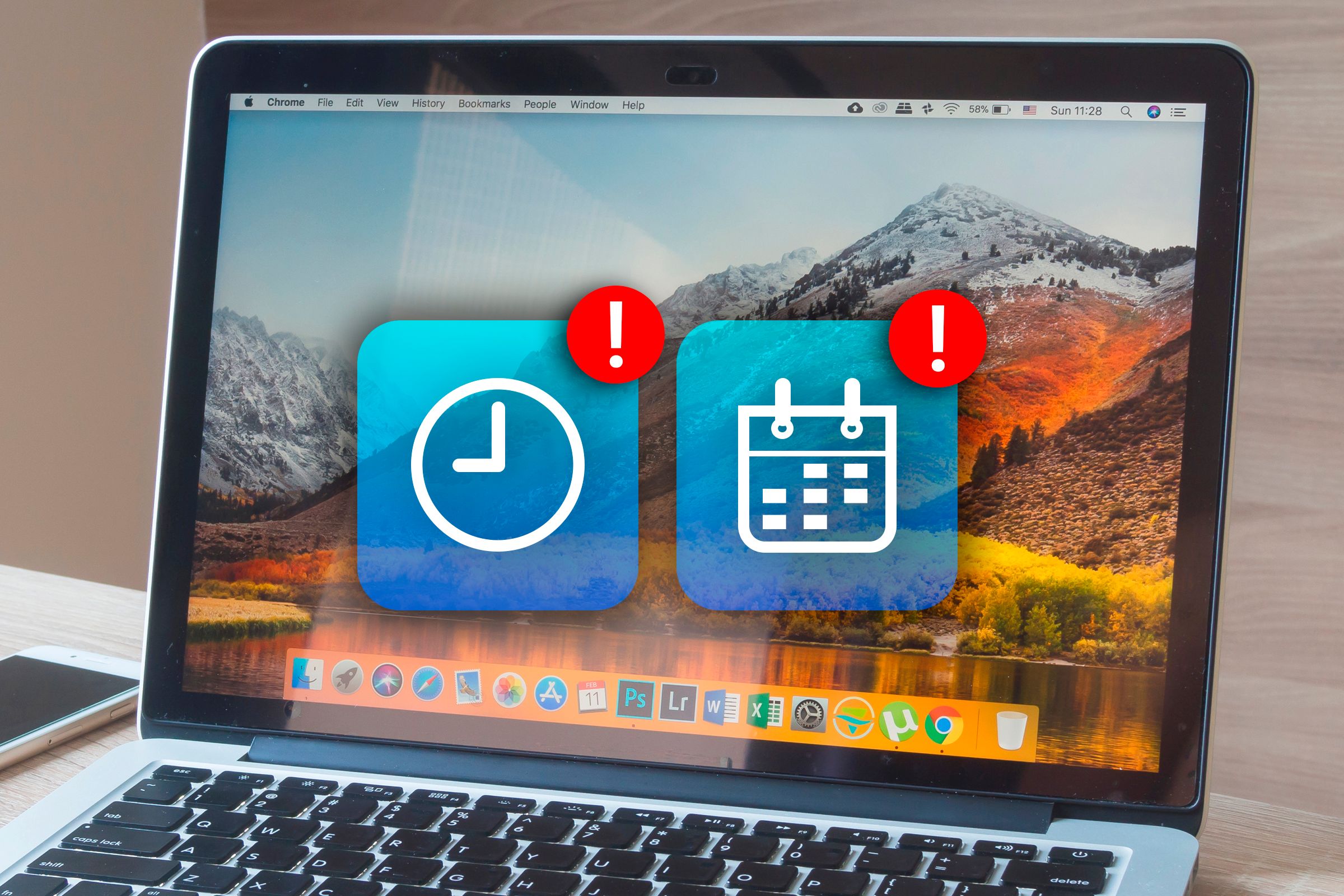 A MacBook on the home screen and two icons with an alert in the center of the screen, a time icon on the left, and a calendar icon on the right.