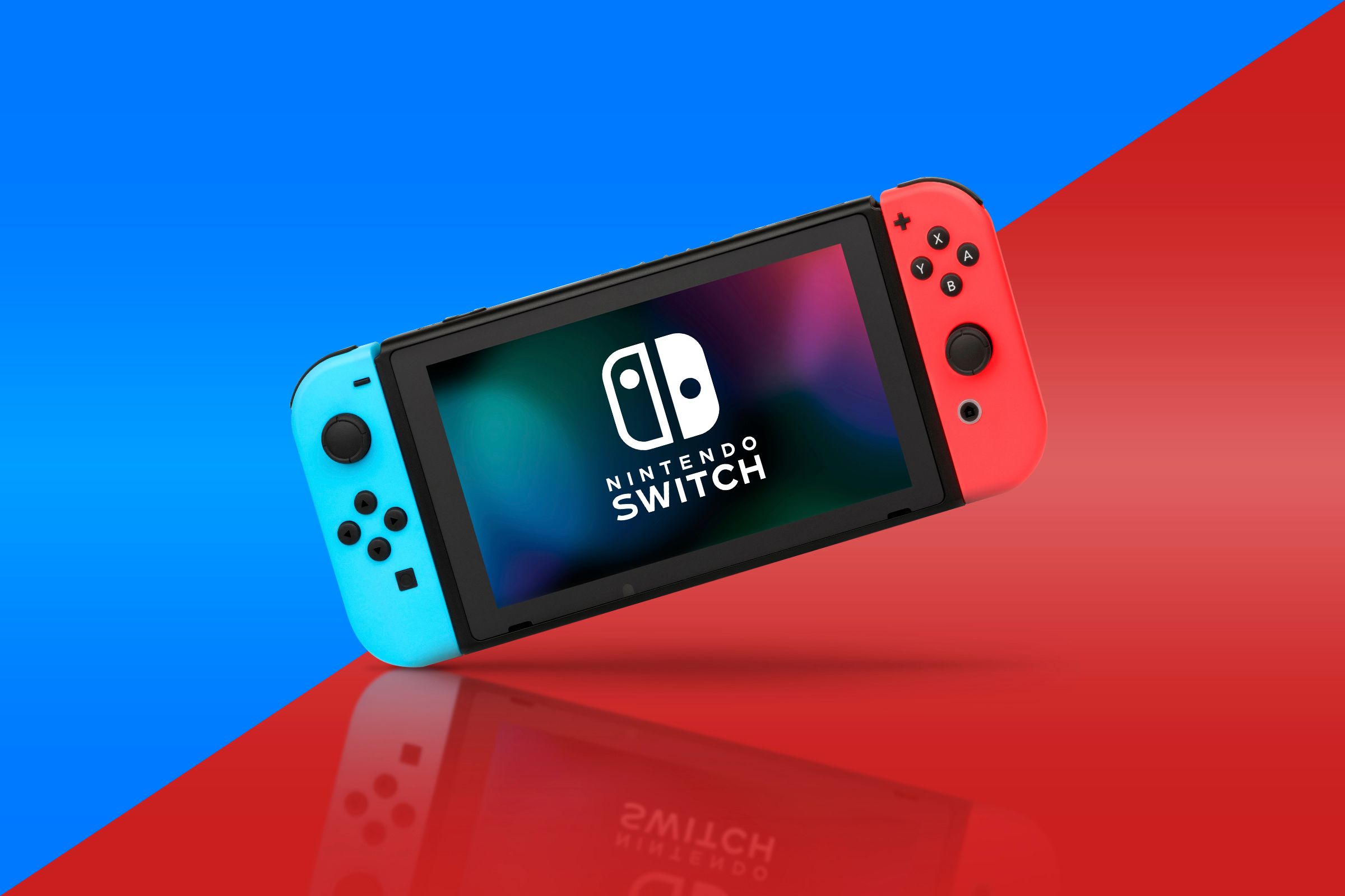A Nintendo Switch with background colors divided into blue and green, matching the colors of the Joy-Con.
