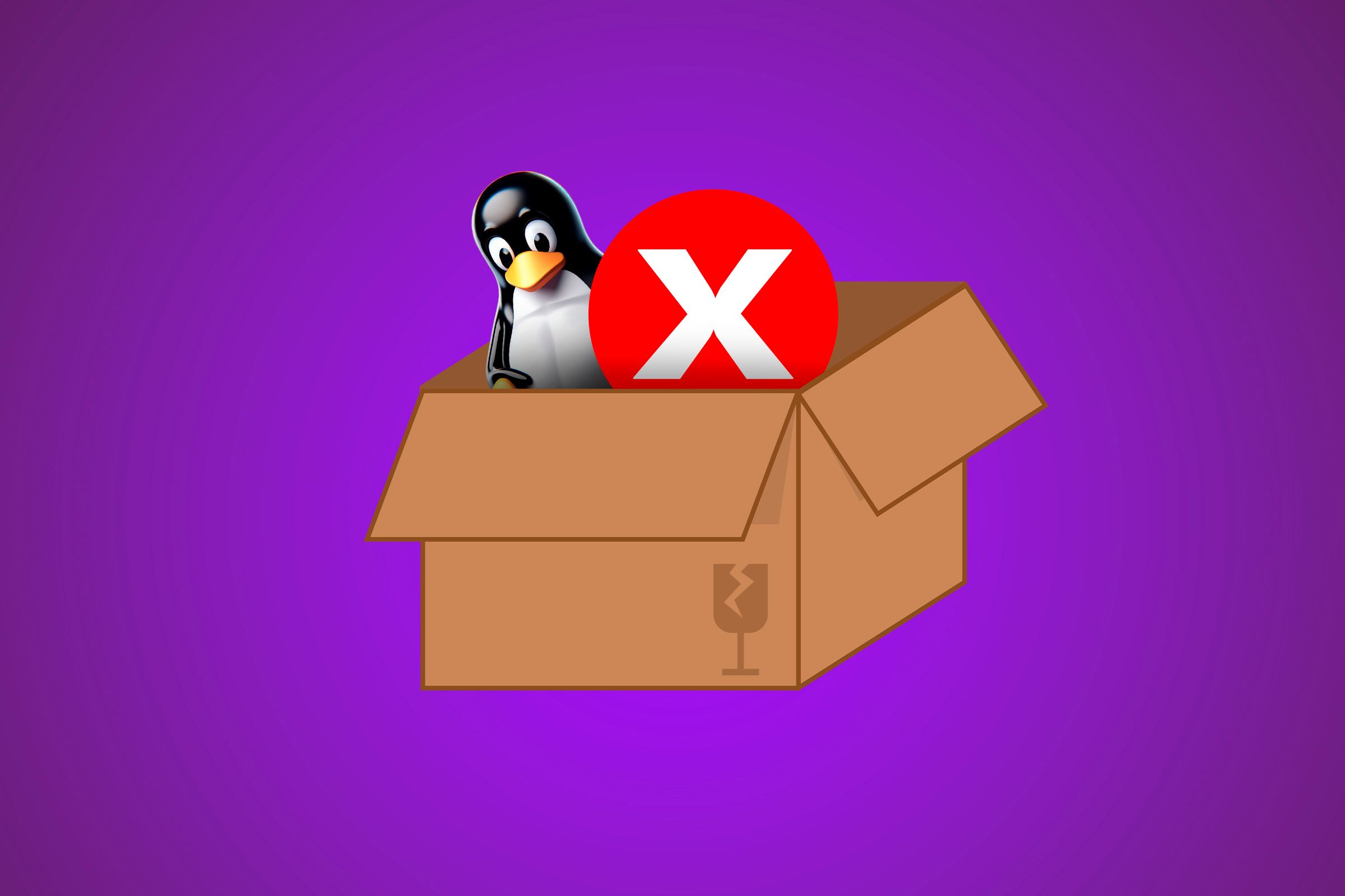 A package with a symbol of a broken glass and Tux with an error symbol with an 'x' coming out of the box.