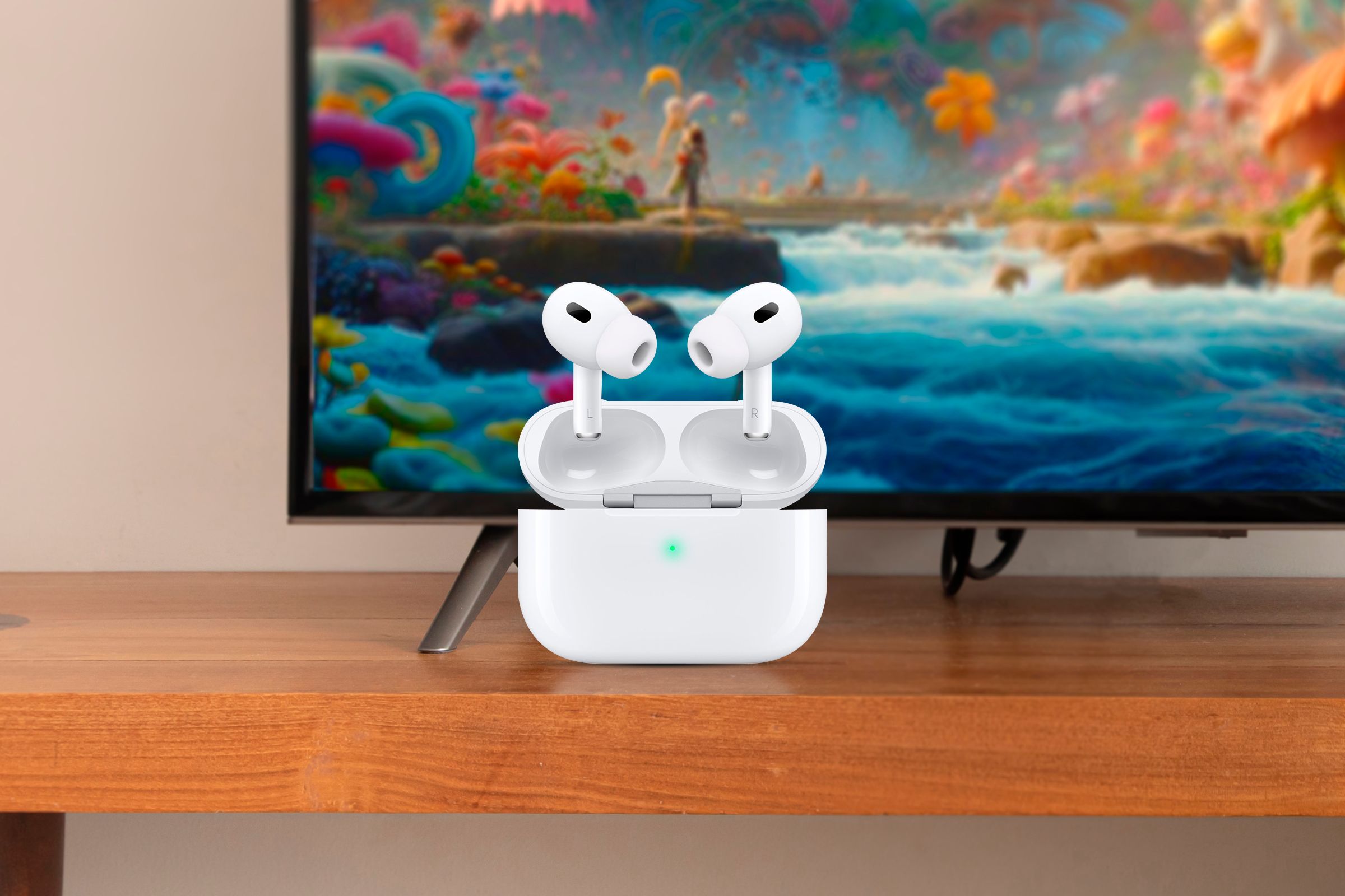 A pair of AirPods above a shelf with a TV in the background.