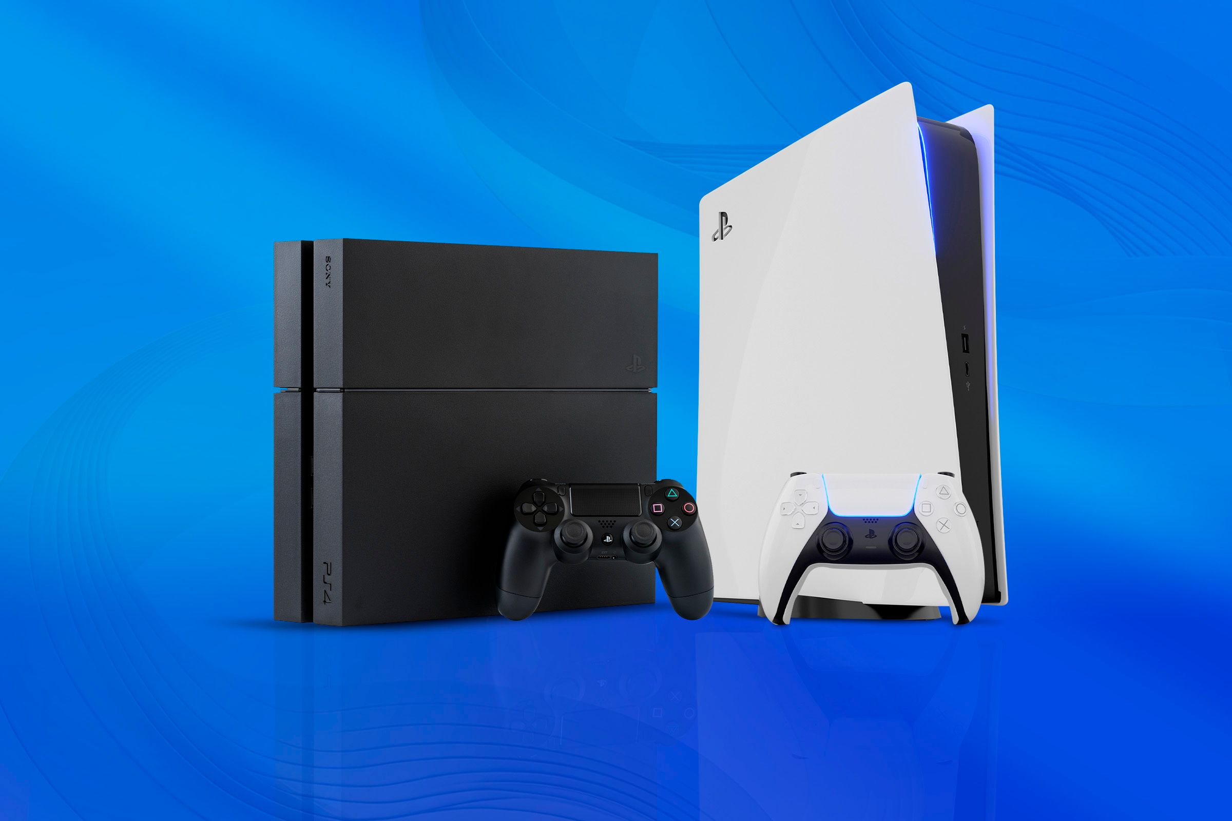 A PlayStation 4 and a PlayStation 5 against a blue background.