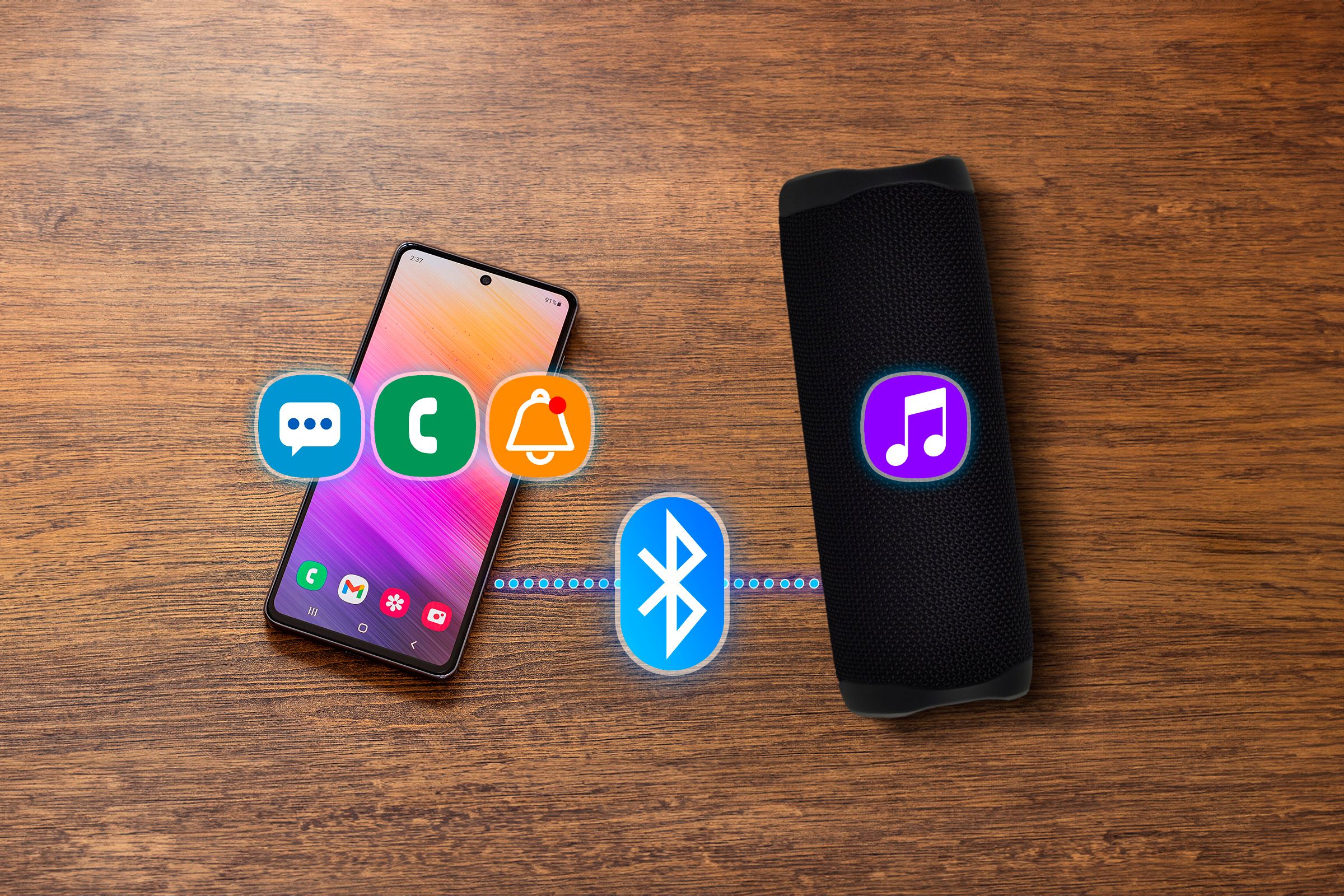 A Samsung Galaxy phone on the left side and a Bluetooth speaker on the right side with a Bluetooth icon in the center, representing the connection between the two devices.