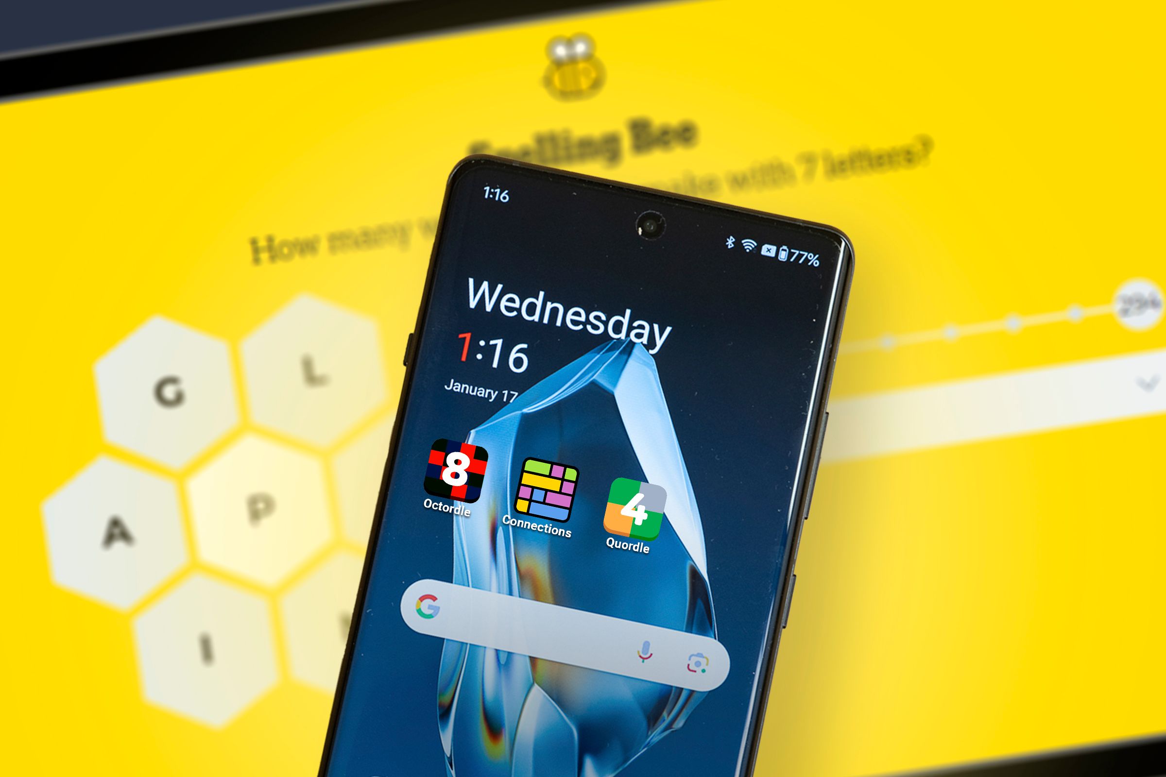 A smartphone with a few word puzzle apps.