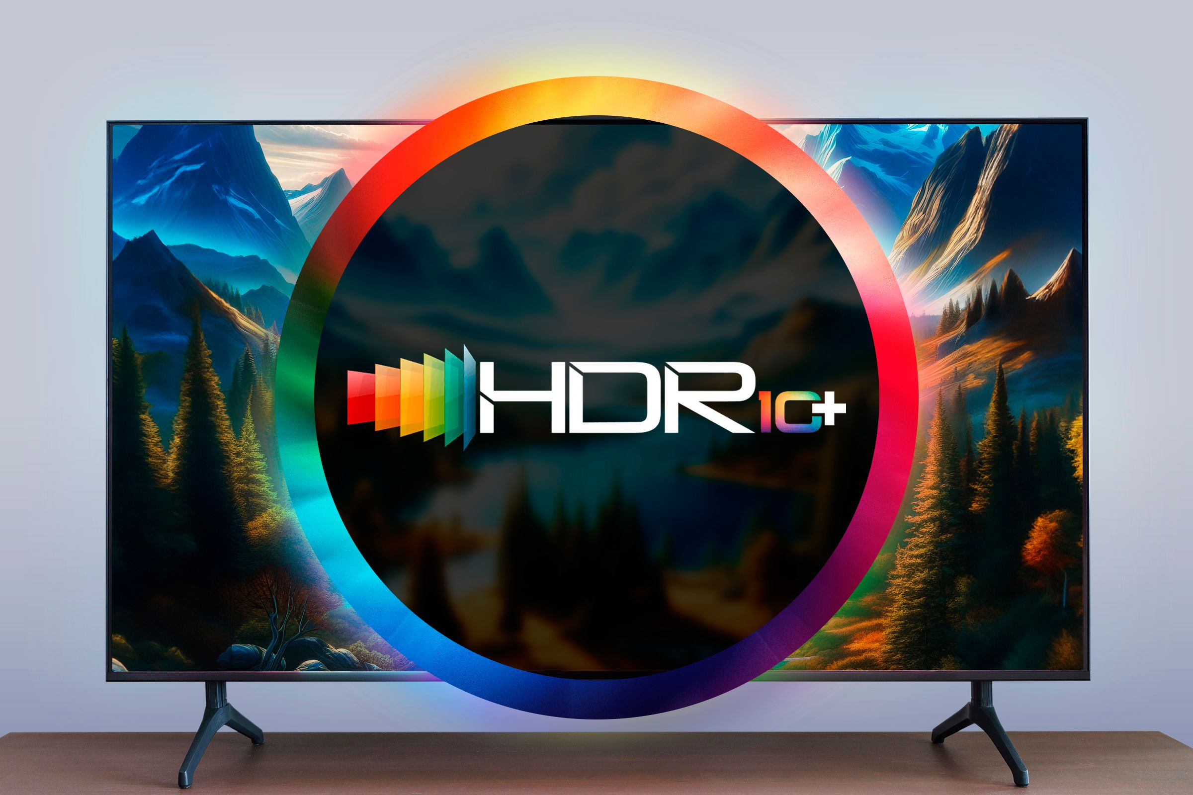 A TV and a color wheel in the center with the HDR10+ symbol.