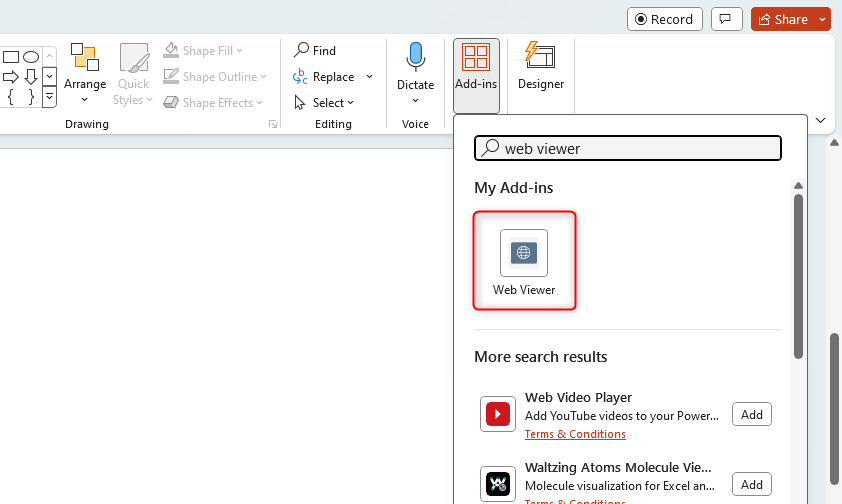 Microsoft PowerPoint's add-ins pane with 'Web Viewer' selected.