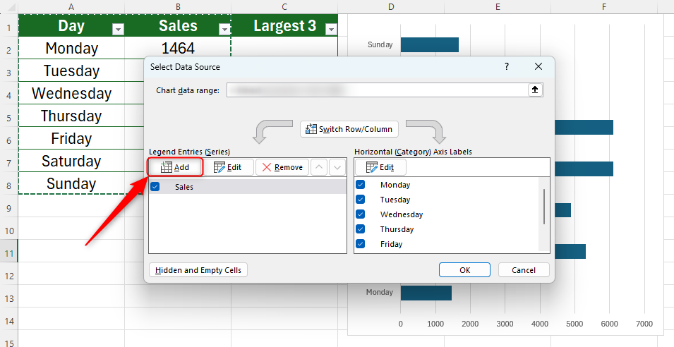 An Excel sheet with the Select Data Source dialog box open, and 'Add' highlighted.