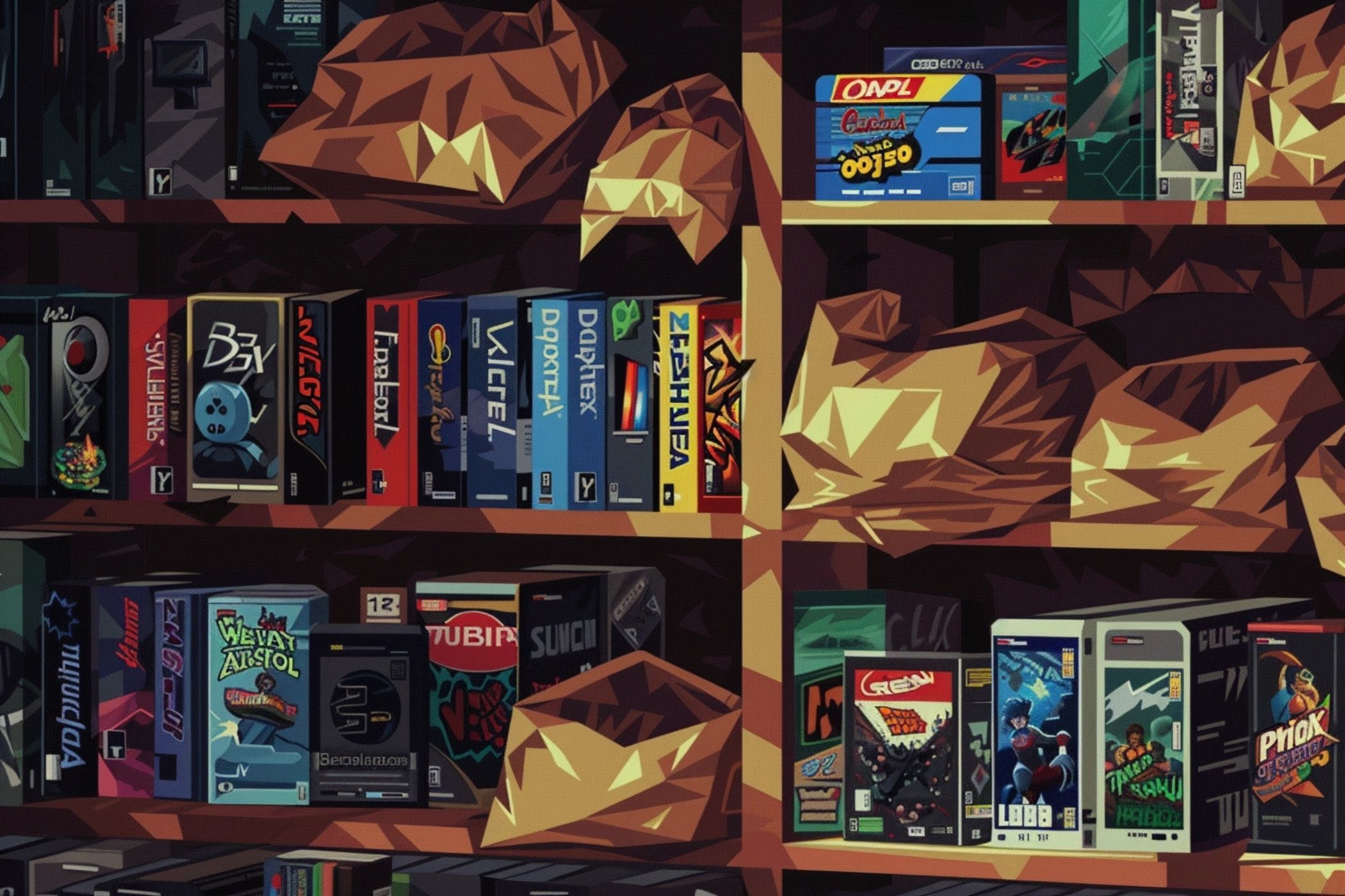 Ai-generated image of a video game shelf with some games hidden in brown paper bags