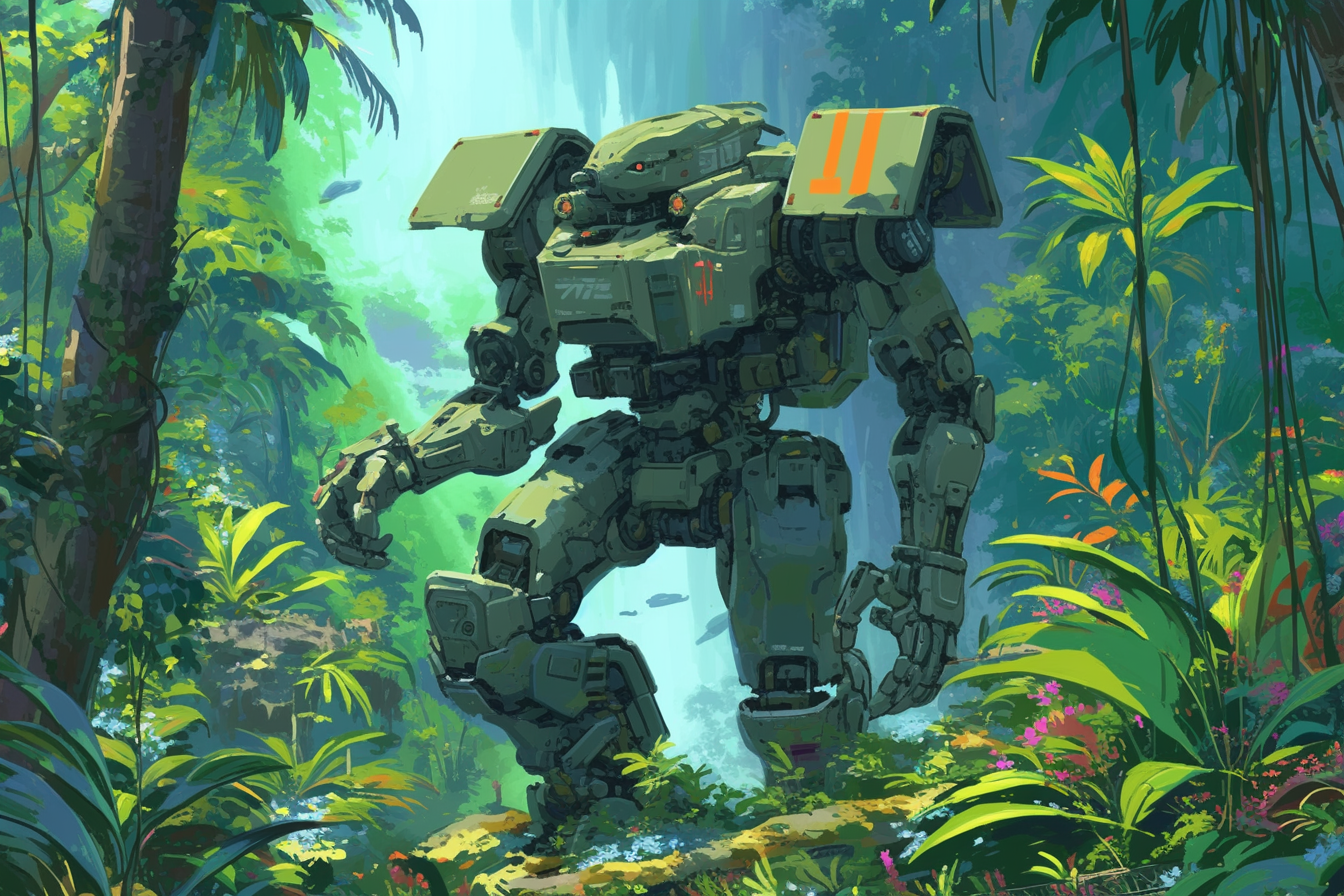 An 80s anime style mech walking through a jungle