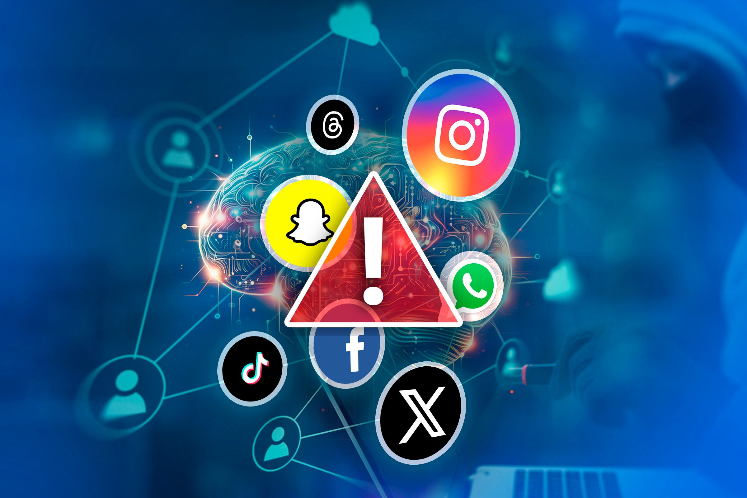 An alert icon with social media logos in the background connected in a chain.